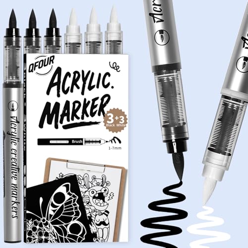 3 White & 3 Black Paint Pen, Black and White Marker, 6 Pack | Acrylic Markers for Rock Painting, Wood, Glass, Plastic, Ceramic and Frabic, Smooth Painting - color: 3 White+3 Black