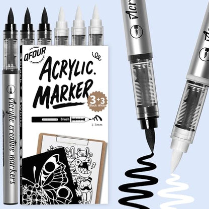 3 White & 3 Black Paint Pen, Black and White Marker, 6 Pack | Acrylic Markers for Rock Painting, Wood, Glass, Plastic, Ceramic and Frabic, Smooth Painting - color: 3 White+3 Black
