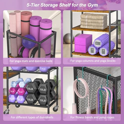 Dumbbell Rack, Yoga Mat Storage Holder, Home Gym Storage Rack, Workout Equipment Storage Organizer, Weight Storage Holder Rack with Hooks and Wheels - size: 5 Tier