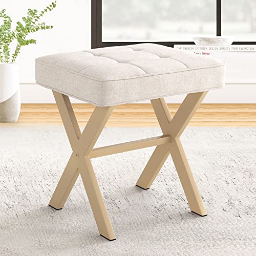 LUE BONA Square Linen Makeup Stool, Metal X Legs, Small Ottoman Stool Chair for Vanity, Modern Padded Seat Foot Rest for Makeup Room, Bathroom - color: Linen Color-sand Legs