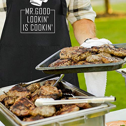 Rosoz Funny BBQ Black Chef Aprons for Men, Mr Goodlookin' is Cookin' | Adjustable Kitchen Cooking Aprons, Waterproof Oil Proof ,2 Pockets, Long Ties, Dad Gifts for Birthday Father's Day Christmas