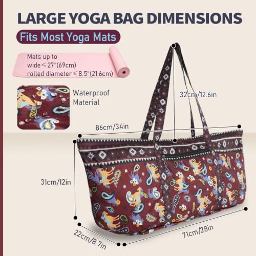 Yoga Mat Bag Yoga Tote Bag with Large Waterproof Zipper Pocket and Drawstring Pocket Yoga Mat Bag Carrier Fit Most Size Mats and All You Stuff - color: dark red