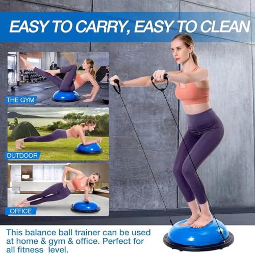 Half Balance Ball Trainer, Half Yoga Exercise Ball with Resistance Bands and Foot Pump, Balance Trainer for Stability Training, Strength Exercise Fitness, Home Gym Workout Equipment
