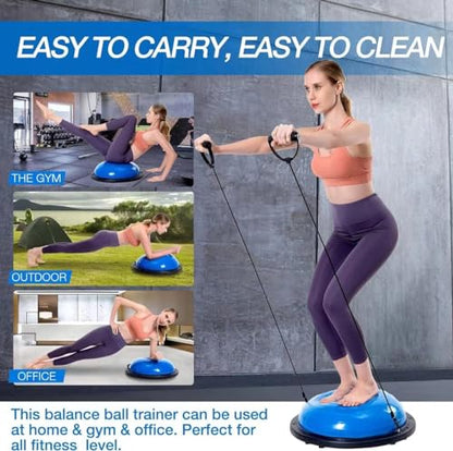 Half Balance Ball Trainer, Half Yoga Exercise Ball with Resistance Bands and Foot Pump, Balance Trainer for Stability Training, Strength Exercise Fitness, Home Gym Workout Equipment