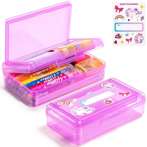 GAMENOTE Plastic Pencil Box with Personalized Sticker,Kid Hard Pencil Case with Snap-tight Lid,Small Art Craft Storage Containers,School Supplies Box for Boys,Girls (Double-Layer Purple) - color: Double-Layer Purple