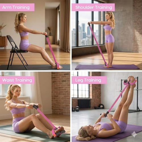 Multifunction Pedal Resistance Band with Handles, Pink | 6-Tube Natural Rubber Elastic Yoga Pedal Puller for Home Workouts, Full-Body, Core Strength, Arm Training and Leg Exercises