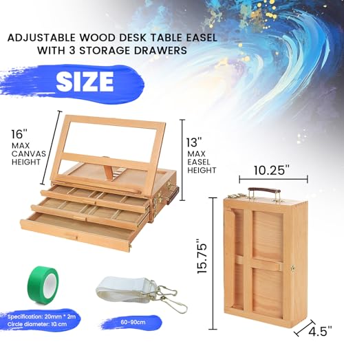 Tabletop Easel for painting with Storage, Wooden Artist Box Easel with 3 Drawers, Adjustable Desk Easel for Painting, Beechwood Art Supply Organizer with Handle & Strap for Adults Artists (Beech Wood)