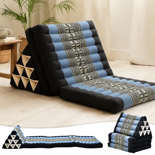 Leewadee - Comfortable Japanese Floor Mattress - Thai Floor Bed with Triangle Cushion - Futon Mattress - Thai Massage Mat, 67 x 21 inches, Blue, Kapok Filling | Floor & lounge cushion for relaxing, reading & TV - for meditation & yoga, firm & stable - col