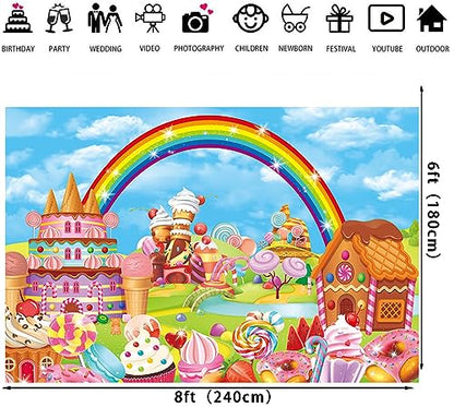 Candyland Theme Party Backdrop 8X6FT Cartoon Rainbow Lollipop Icecream Donut Sweet Candy Photography Background for Kid Adult Candy Party Decoration Banner Baby Shower Photo Props (94X70inch) - size: 8X6FT(94X70inch)