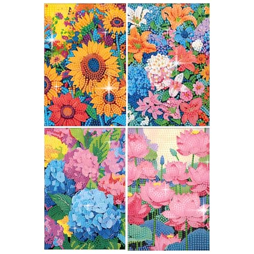 PERFECTSIGHT Cute 5D Diamond Art Kits, Kawaii DIY Painting Art for Adults Teen, 4 Pack Diamond Arts and Crafts Sets, Big Gem Full Drill Diamond Dots for Women (Multicolor Flowers) - style: Multicolor Flowers