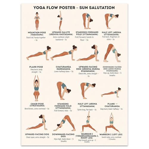 QrmArt Sun Salutation Yoga Flow Movement Guide Wall Art Printable Posters for Home Gym Balance Flexibility Training Chart Gentle Seated Exercises Inspired Wellness Decor 12x16 Inch Unframed - color: Sun Yoga, size: 12"L x 16"W