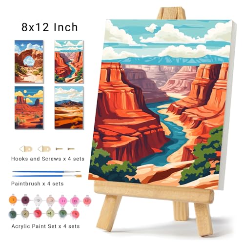 4 Pack Framed Paint by Numbers Kit for Adults Beginner Canvas Painting by Numbers for Adults National Park Easy Adult Paint by Number Kits with Frame Landscapes Watercolor Painting by Number 8x12 Inch - color: YFa0104