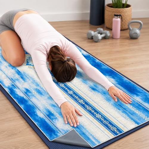 Hot Yoga Towel Non Slip, Ultra-Absorbent Yoga Mat Towel, Soft with Printed Design, Machine Washable, Yoga Pilates Towel Suitable for Exercise, Pilates, Yoga, 72x27in.Blue Stripe - color: Blue Stripe