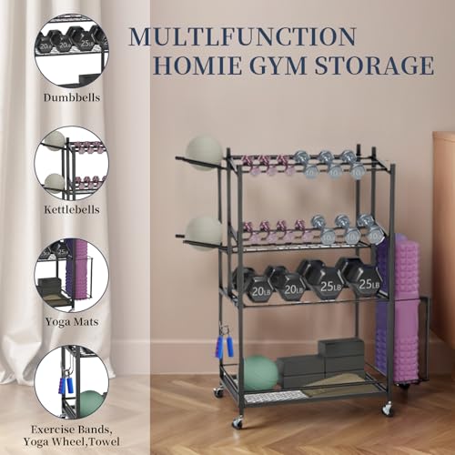 3-Tier Rolling Dumbbell Rack with Yoga Mat Basket & Hooks – Heavy Duty Steel Home Gym Storage Cart for Weights, Kettlebells, and Foam Rollers – 350Lbs Capacity Mobile Organizer with Lockable Wheels (Black)