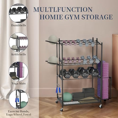 3-Tier Rolling Dumbbell Rack with Yoga Mat Basket & Hooks – Heavy Duty Steel Home Gym Storage Cart for Weights, Kettlebells, and Foam Rollers – 350Lbs Capacity Mobile Organizer with Lockable Wheels (Black)