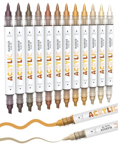 Guangna 12 Brown Dual Tip Acrylic Paint Markers, Brush Tip & Chisel Tip Acrylic Paint Pens for Pumpkin Paint, Rock, Wood, Glass, Paper, Coloring Book, Ceramic, Canvas, Water-Based Ink - color: Brown