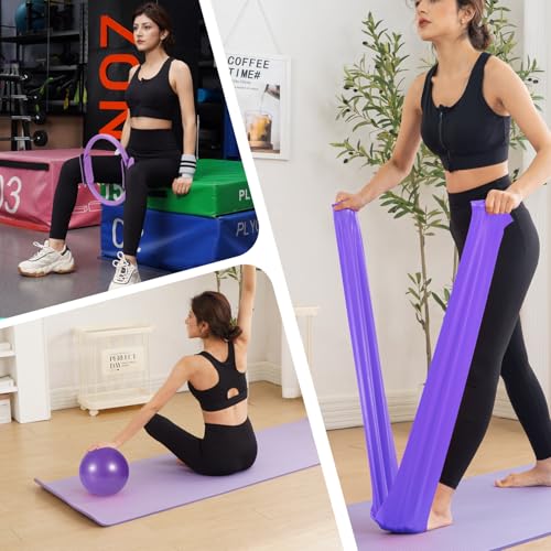 Tsikavo Pilates Ring, Pilates Ring Circle and Ball Set, 12 Inch Magic Circle Pilates Ring,9 Inch Small Exercise Ball,Resistance Bands Set, Home Pilates Equipment for Women - color: Purple