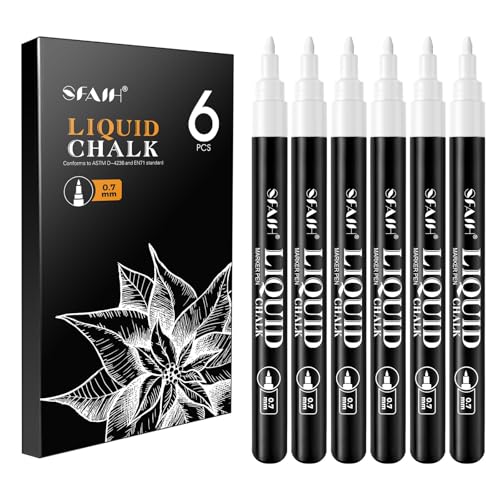 SFAIH White Liquid Chalk Markers for Blackboard Glass, 6 Pack, 0.7mm Tip | Wet Erase No Residue, Opaque Chalkboard Marker for Chalkboard, Bistro Menu, Business Sign, Windows, Label, Non-Toxic No Dust - color: White, size: 1 Count (Pack of 6), style: Fine