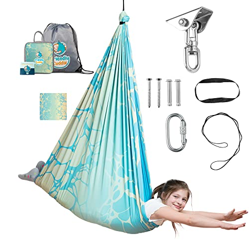 Compression Sensory Swing Adult & Kids, Indoor Outdoor Pod, Holds 300lb | indoor sensory swing for kids, outdoor sensory swing indoor, sensory swing kids, sensory toys, 360 swivel hammock swing - color: Marble Blue and Yellow Design