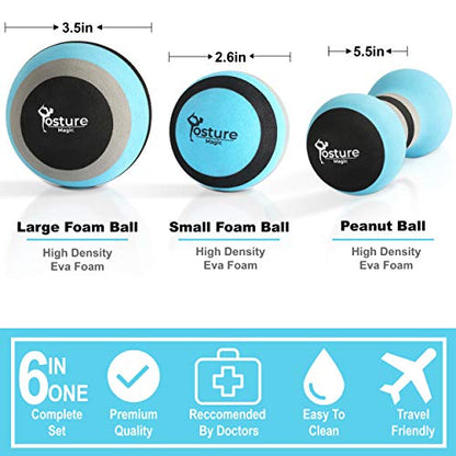 Posture Magic Massage Ball Set for Myofascial Trigger Point Release & Deep Tissue Massage - Set of 6 - Large Foam/Small Foam/Lacrosse/Peanut/Spiky/Hand Exercise Ball (Blue) - color: Blue