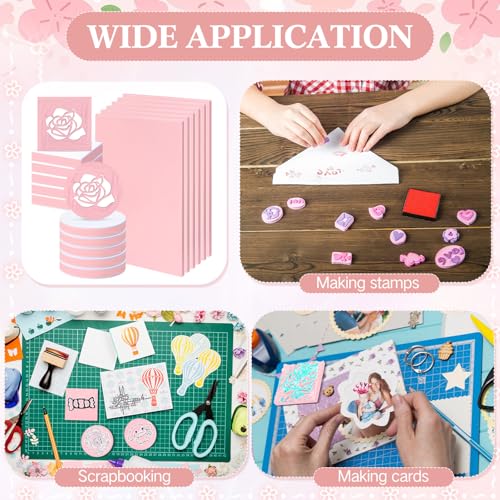 18 Pcs Rubber Stamp Carving Blocks Linoleum Blocks 4"x6" and 2"x2" Round Square Rectangle Block Carving Kit for Stamp Crafts DIY Project (Pink and White) - color: Pink and White