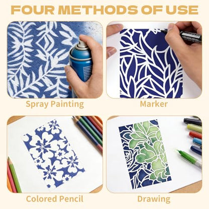 28 Pcs Floral and Botanical Texture Stencils Set Reusable Layering Templates with Leaf Butterfly Floral Peony Rose and Abstract Patterns Stencils for Painting Arts Furniture Canvas and Home Decor - style: Style 2