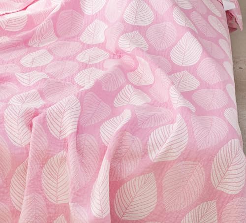MEJU Modern Leaf Pink Kids Young Girls Muslin Lightweight Blanket for Bed Sofa Couch 100% Combed Cotton 3 Layer Soft Warm Reversible Throw Blanket Bedspread Bed Coverlet Full Queen 80 in x 90 in - color: Leaf Pink, size: F/Q 80 in x 90 in