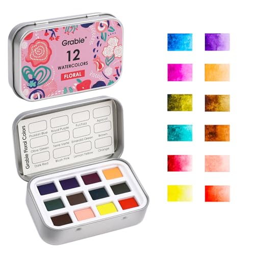 Grabie 12 Color Travel Watercolor Paint Set, Pocket Palette, Floral | 12 Floral Watercolor Colors, Pocket Compact Watercolor Palette For Sketching & Painting, Beginner-Friendly Paint Set - color: Floral