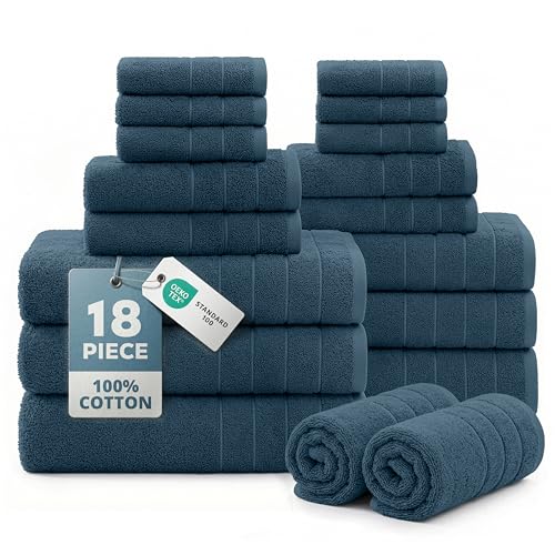 Casa Platino Bath Towel Set Quick Dry 100% Cotton 18 Piece - Steel Blue | Cotton Towels - Classic Terry Weave, Densely Woven, Coordinated Colors, Dobby Border Accent, OEKO-TEX Certified - color: 06: Steel Blue, size: 18 Piece Towel Set