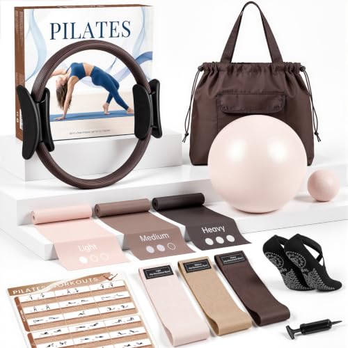 GINMIC Pilates Kit, Pilates Equipment for Home Workouts, at Home Pilates Set with Complete Accessories: Pilates Ring, Pilates Ball, Long and Loop Resistance Bands, Socks, Massage Ball, Guide & Bag - color: Oat & Brown
