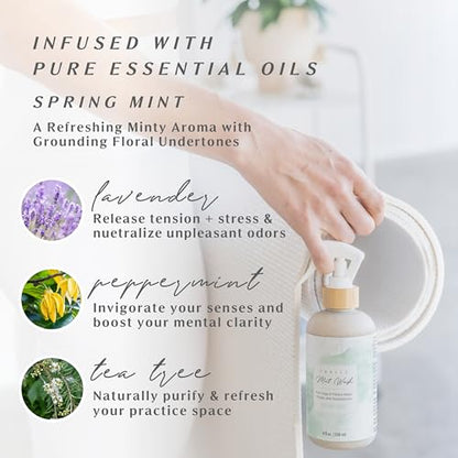 Organic Yoga Mat Cleaner Spray | 8oz Spring Mint with Microfiber Cloth | Made in the USA | Safely and Effectively Cleans All Mats and Pilates + Yoga Accessories