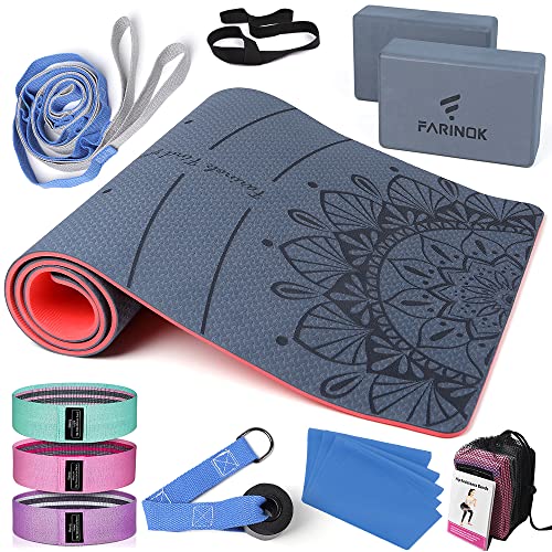 1/3 Yoga Mat Thick, Yoga Set for Beginners | Include High Density Mat with Multi-loops Strap, Blocks, Booty Resistance Band Set, Door Anchor, Carring Bag & Strap - color: BLUE&RED