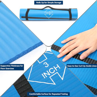 Curl-up Mat for Fitness Test, 48 x 24 x 0.3" NBR Sit-up Testing-Mat with 3 in & 4.5 in Guide Lines, Non-slip Exercise Mat with Carry Strap for PE Class Schools and Home Training