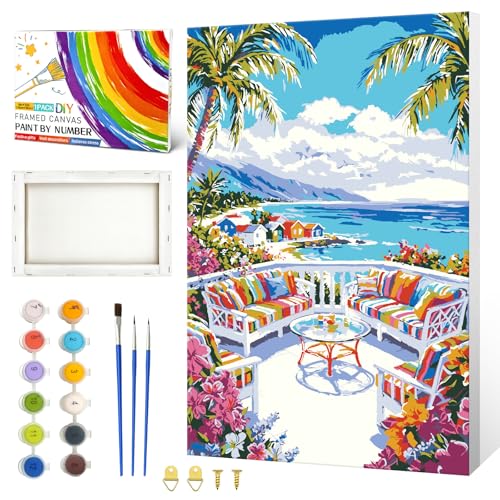 ZTOTZ Paint by Numbers Kit for Adults Framed, Landscape Paint by Number for Teens,Flower Color by Number Kit Canvas Framed for Home Decor 8x12 Inch (Holiday Ocean Scene) - color: B-07-house