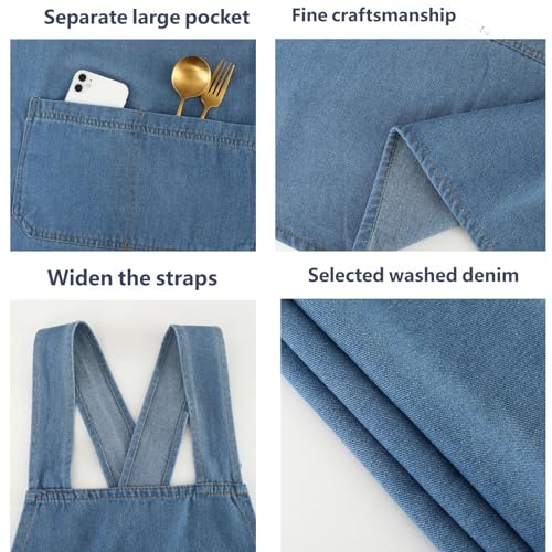 Denim Cross Back Aprons for Women with Front Pockets | Lightweight Cotton Adult Apron, Kitchen Cooking, Gardening, Painting, Pottery & Crafting, Durable & Stain-Resistant - color: Light Blue