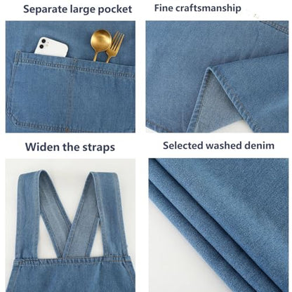 Denim Cross Back Aprons for Women with Front Pockets | Lightweight Cotton Adult Apron, Kitchen Cooking, Gardening, Painting, Pottery & Crafting, Durable & Stain-Resistant - color: Light Blue