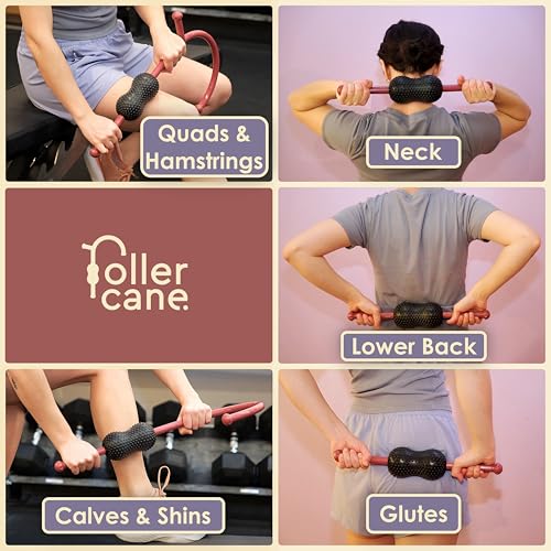 Roller Cane Massager | 2-in-1 Massage Roller Stick & Trigger Point Cane | Rubber Ball for Deep Tissue, Myofascial Release & Muscle Recovery (Red)