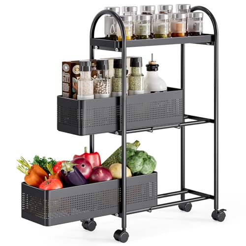 KINGRACK 3 Tier Slim Rolling Cart with Drawer, Metal Utility Storage Cart | 2 Pull-out Baskets, Lockable Wheels, Narrow Space Trolley Organizer for Bathroom, Kitchen, Office, Dorm, Laundry Room, Black - color: Black, size: 3 Tier-2BKT