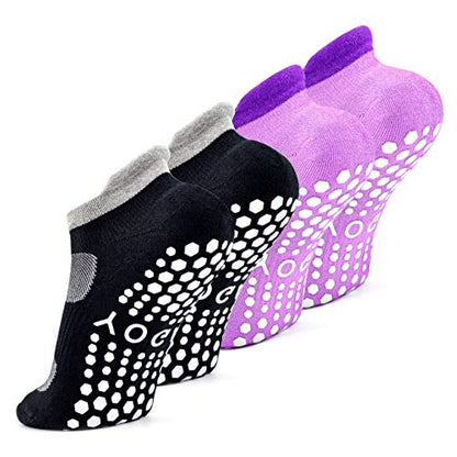 Busy Socks 2 Pack Women Ankle Non Slip Yoga Pilates Grip Socks with Cushion | Anti Skid Slipper Arch Support Socks for Barre Bikram Dance Trampoline Fitness Hospital Home Floor Walking Jogging Cardio - color: 2 Pairs Black/Purple