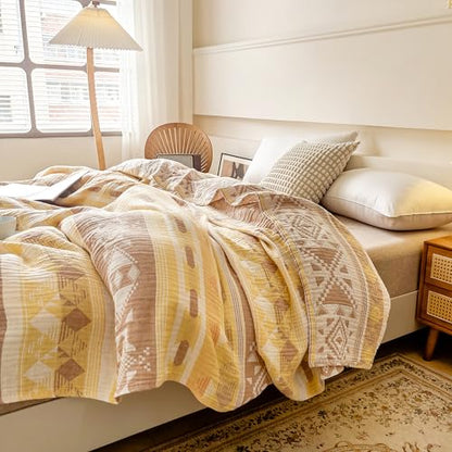 MEJU Yellow Boho Indian Retro Southwest Muslin All Season Blanket for Bed Sofa Couch 100% Combed Cotton 3 Layer Soft Cozy Reversible Quilt Throw Blanket Bed Coverlet F/Q 80 in x 90 in - color: Boho Yellow, size: F/Q 80 in x 90 in