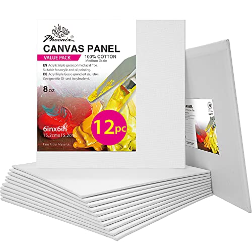 PHOENIX Small Painting Canvas Panels 6x6 Inch, 12 Value Pack - 8 Oz Triple Primed 100% Cotton Acid Free Square Canvas Boards for Painting, White Blank Flat Canvas Boards for Acrylic, Oil Paints - color: White, size: 6" x 6"