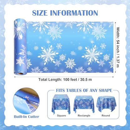 100FT x 54IN Snowflake Plastic Tablecloth Roll with Slide Cutter Box | Heavy Duty Disposable Blue & White Table Cover Wall Backdrop, Cut-to-size for Frozen Birthday Party Supplies - color: Blue and Purple Snowflake, size: 1200" x 54" (Rectangular)