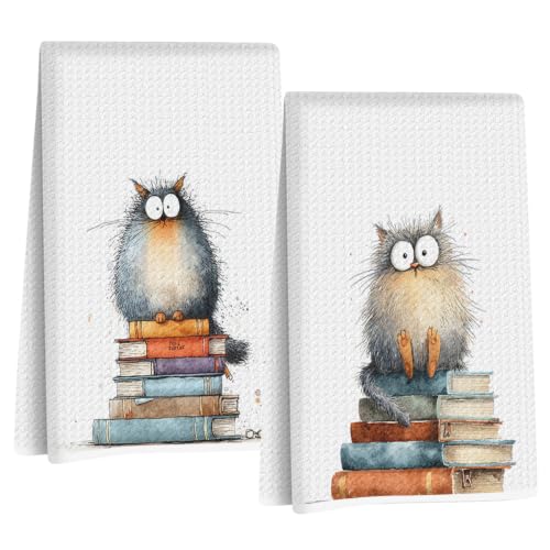 2 Pcs Funny Book Cat Kitchen Towels, Cute Cats Gifts Reusable Hand Towels | Cat Dish Cloths for Drying Dishes, Cats Waffle Dish Towels for Kitchen Bathroom Decor, Book Cat Lover Gifts for Women Mom - color: Multi 1631