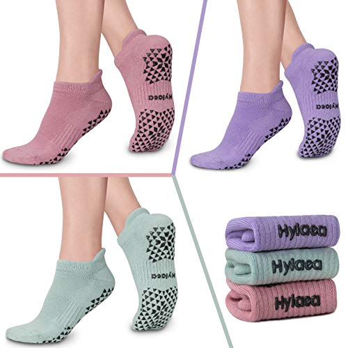 Hylaea Unisex Non Slip Socks with Grip for Yoga, Hospital, Pilates, Barre | Ankle, Cushioned | Breathable Cotton, Thick Cushioned Sole, Anti-Slip, Ankle Protection, Men Women, Ideal for Yoga, Barre, Hospital & Home Use - color: 3 Pairs (Pink Purple Blue),
