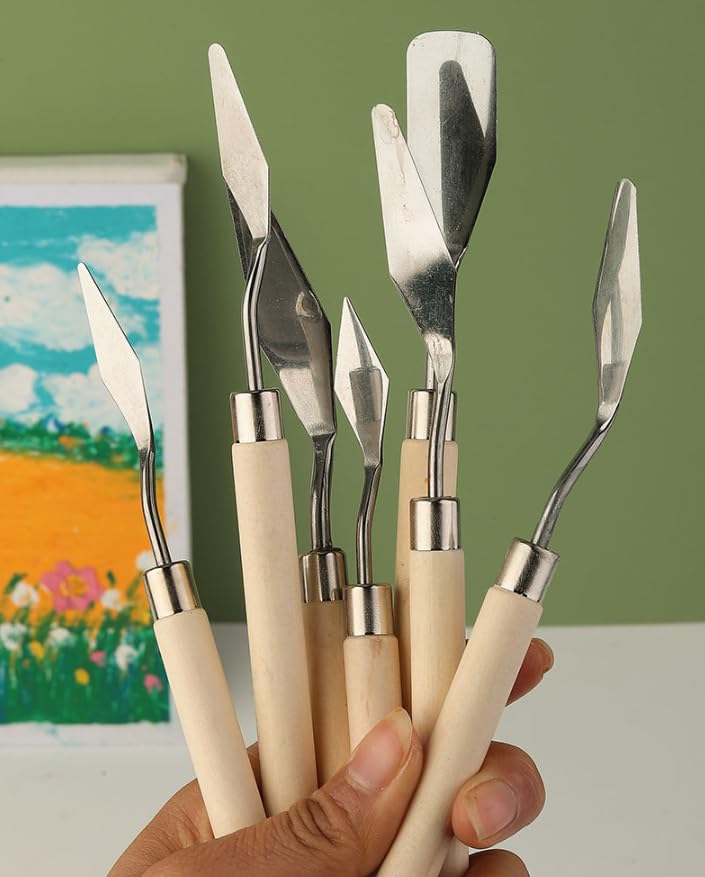 7-Piece Palette Knife Set | Stainless Steel Spatulas for Texture Painting | Durable Stainless Steel, Paint Spatulas, Acrylic Painting, Oil Colors, Canvas Texturing, For Beginners & Pros - color: Wood