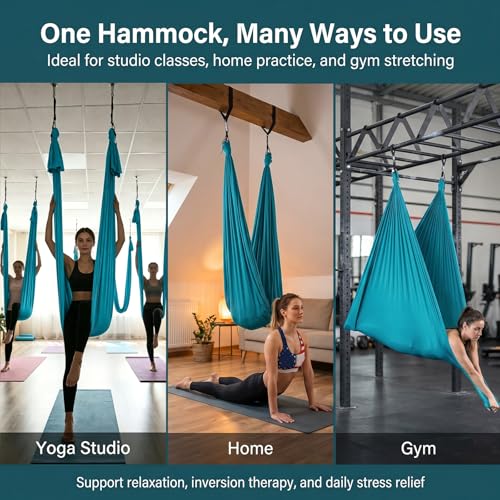 Blue-Green Gradient & Dark Green Aerial Yoga Hammock (400x180 cm / 157"x71"), Soft Silk Swing for Anti-Gravity Yoga, Inversion Therapy, Ideal for Strength, Flexibility Training and Stress Relief - color: Dark Green