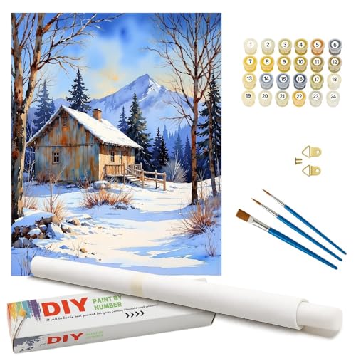 Winter Scene Paint by Numbers Kit for Adults - DIY Rustic Snowy Cabin and Pine Trees Painting on Rolled Canvas 16x20 Inches, Acrylic Paint Set for Beginners, Art for Home Decoration or Gifts - color: HSX00664, size: 16X20IN Rolled