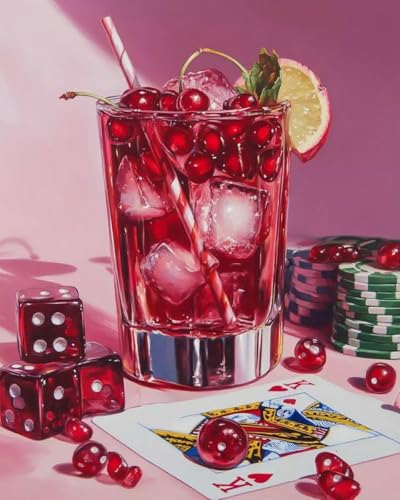 WUSARPLY Pink Cherry Drink Diamond Painting Kits for Beginner Adults | Poker Dice Diamond Art Kits Full Drill Diamond Dots Paint with Diamonds Gem Arts and Crafts for Beginner Home Wall Decor - color: YH026