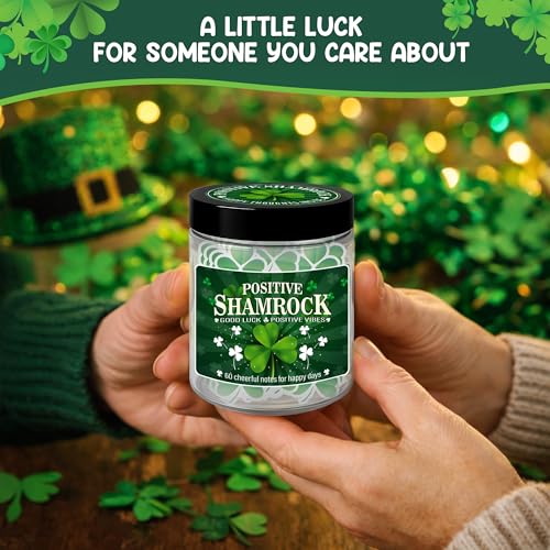 Positive Shamrock Jar, 60 Affirmation Notes, Good Luck Gifts, Irish Gifts | Uplifting Positive Vibes Jar for Home, Office Desk & Daily Encouragement, St Patricks Day Gifts for Women, Friends, Coworkers - color: KAT-Kien- Positive shamrock jar