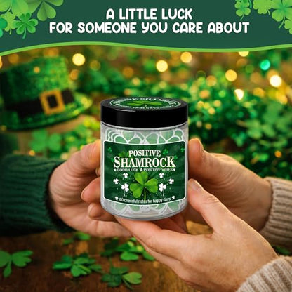 Positive Shamrock Jar, 60 Affirmation Notes, Good Luck Gifts, Irish Gifts | Uplifting Positive Vibes Jar for Home, Office Desk & Daily Encouragement, St Patricks Day Gifts for Women, Friends, Coworkers - color: KAT-Kien- Positive shamrock jar